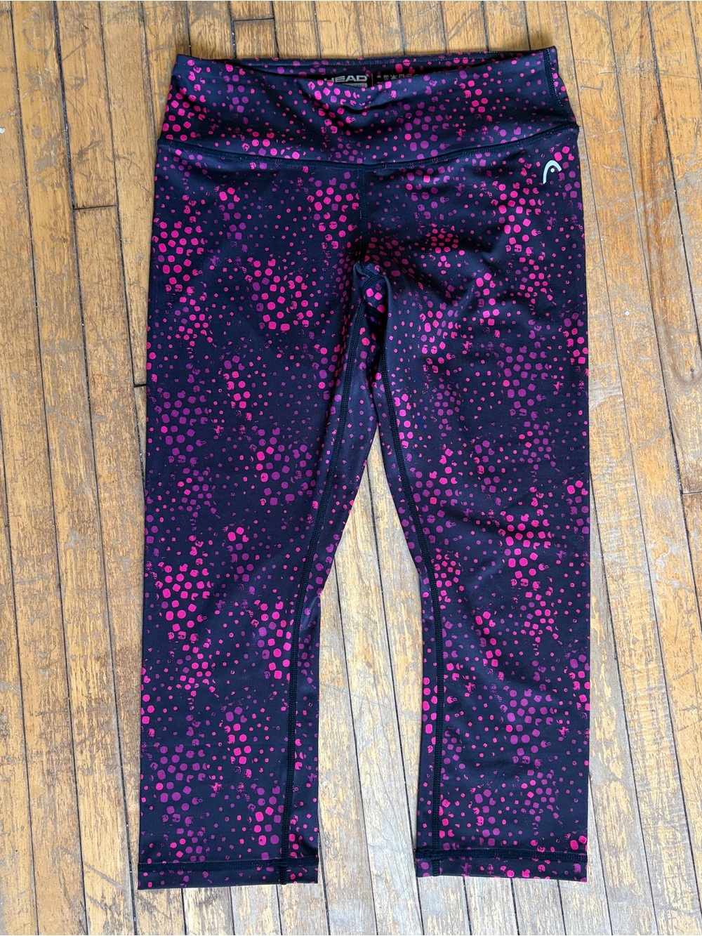 HEAD Black Athletic Capri Workout Leggings with Pink Dot Print Size Small